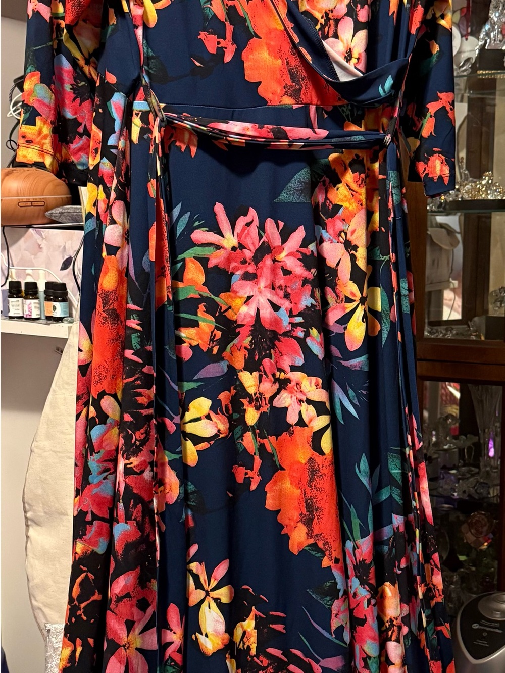 VENUS Navy Floral Wrap Maxi Dress with Coral, Pink & Yellow Blooms - Picture 5 of 5